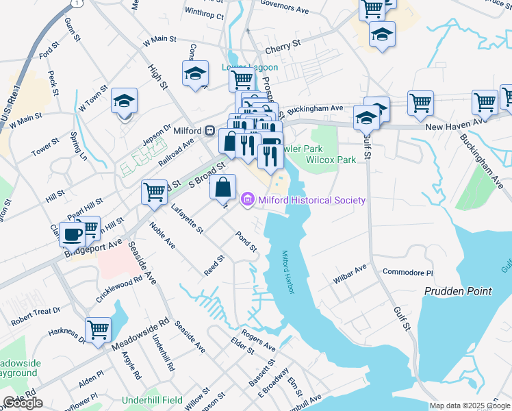 map of restaurants, bars, coffee shops, grocery stores, and more near 25 High Street in Milford