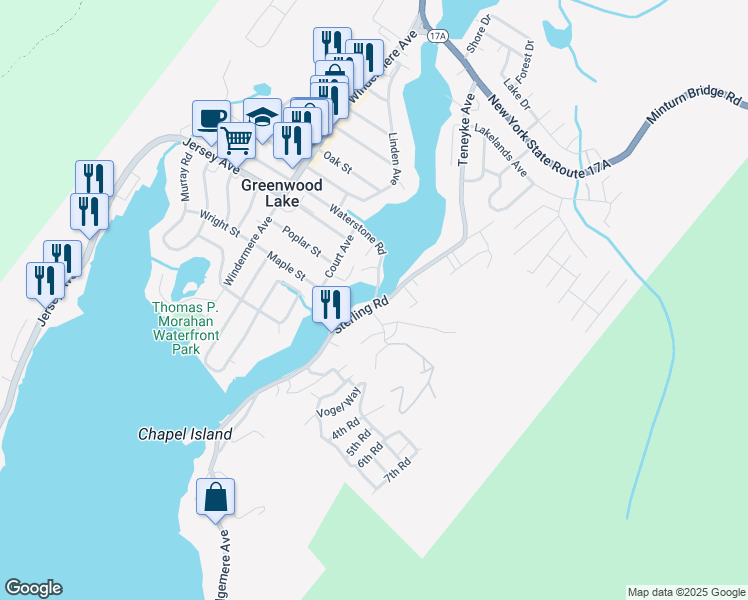 map of restaurants, bars, coffee shops, grocery stores, and more near 7 Waterstone Road in Greenwood Lake