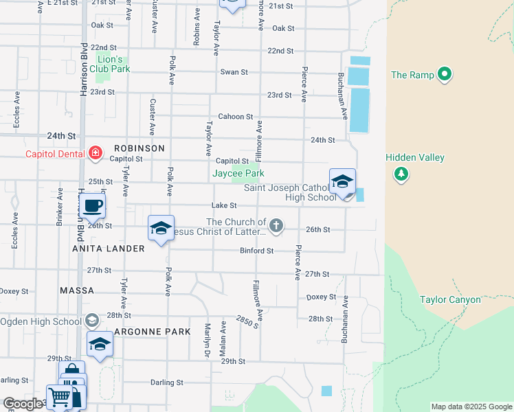 map of restaurants, bars, coffee shops, grocery stores, and more near 1598 Lake Street in Ogden