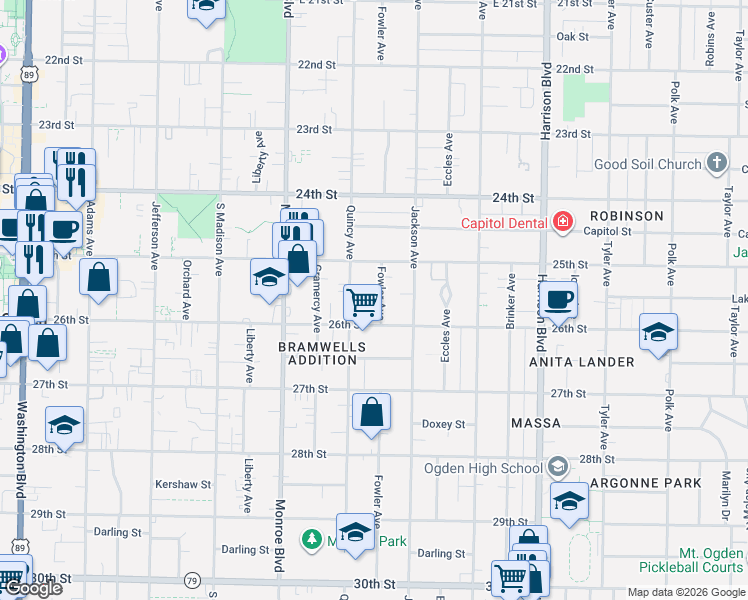 map of restaurants, bars, coffee shops, grocery stores, and more near 2555 Fowler Avenue in Ogden
