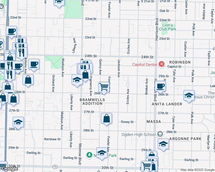map of restaurants, bars, coffee shops, grocery stores, and more near 2555 Fowler Avenue in Ogden
