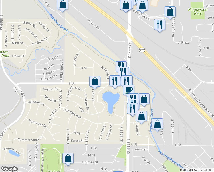 map of restaurants, bars, coffee shops, grocery stores, and more near 4121 South 147th Plaza in Omaha
