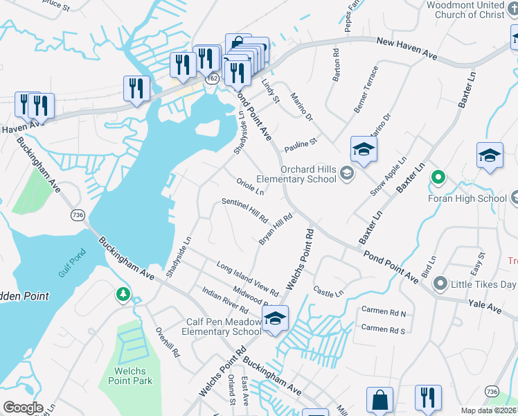 map of restaurants, bars, coffee shops, grocery stores, and more near 20 Sentinel Hill Road in Milford