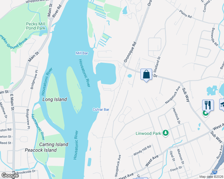 map of restaurants, bars, coffee shops, grocery stores, and more near 1128 Windward Road in Milford