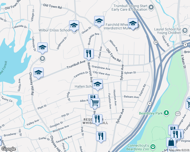 map of restaurants, bars, coffee shops, grocery stores, and more near 1311 Reservoir Avenue in Bridgeport
