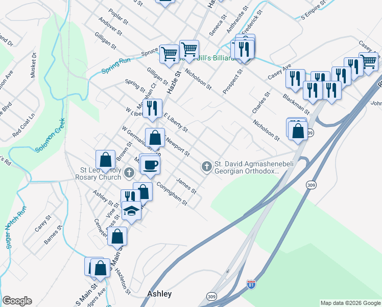 map of restaurants, bars, coffee shops, grocery stores, and more near 95 East Newport Street in Wilkes-Barre
