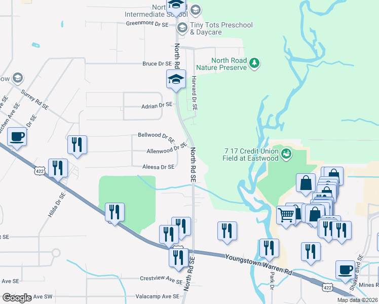 map of restaurants, bars, coffee shops, grocery stores, and more near 1428 North Road Southeast in Warren