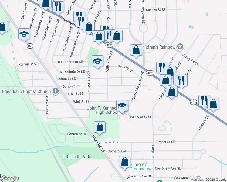 map of restaurants, bars, coffee shops, grocery stores, and more near 2657 Wick Street Southeast in Warren