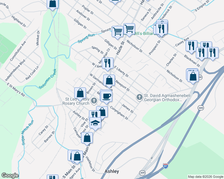 map of restaurants, bars, coffee shops, grocery stores, and more near 141 North Main Street in Wilkes-Barre
