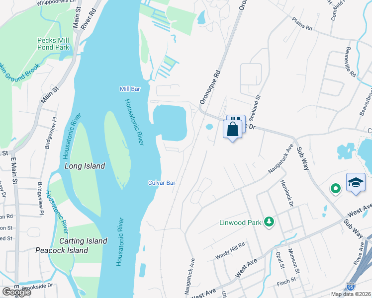 map of restaurants, bars, coffee shops, grocery stores, and more near 1128 Windward Road in Milford