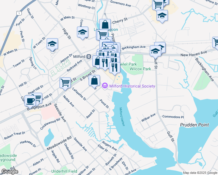 map of restaurants, bars, coffee shops, grocery stores, and more near 17 Helwig Street in Milford