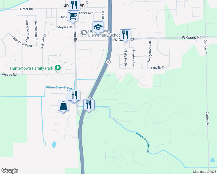 map of restaurants, bars, coffee shops, grocery stores, and more near State Highway 3 in Fort Wayne