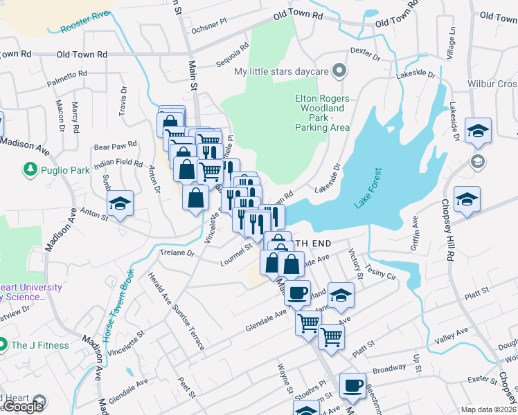 map of restaurants, bars, coffee shops, grocery stores, and more near 71 Park Drive in Bridgeport
