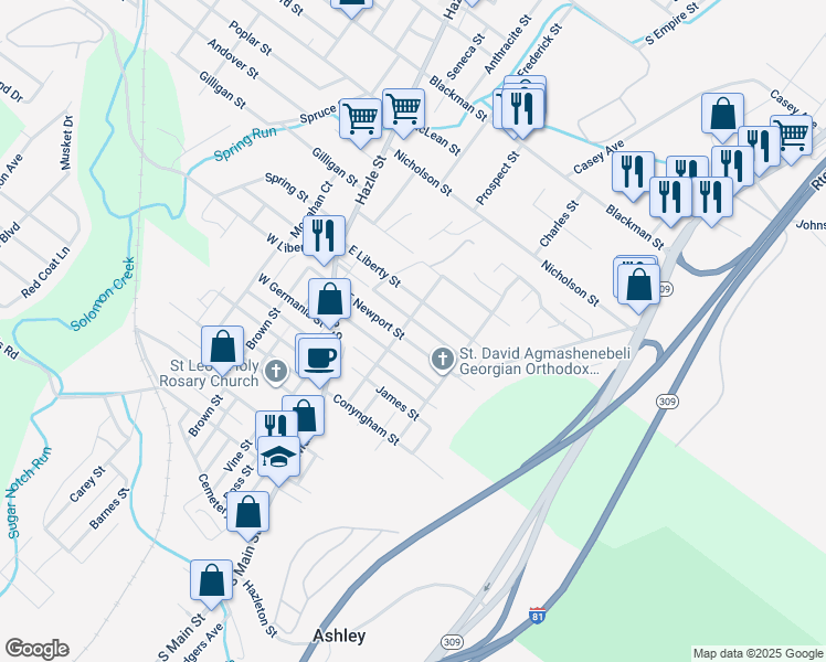 map of restaurants, bars, coffee shops, grocery stores, and more near 280 Ridge Street in Ashley