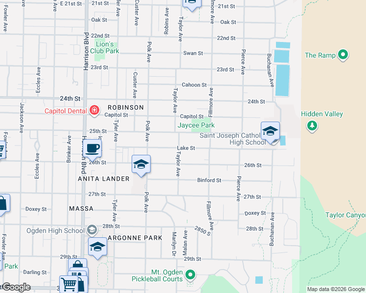 map of restaurants, bars, coffee shops, grocery stores, and more near 1519 25th Street in Ogden