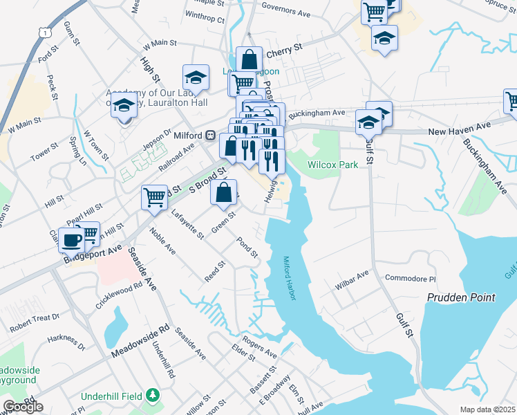 map of restaurants, bars, coffee shops, grocery stores, and more near 17 Helwig Street in Milford