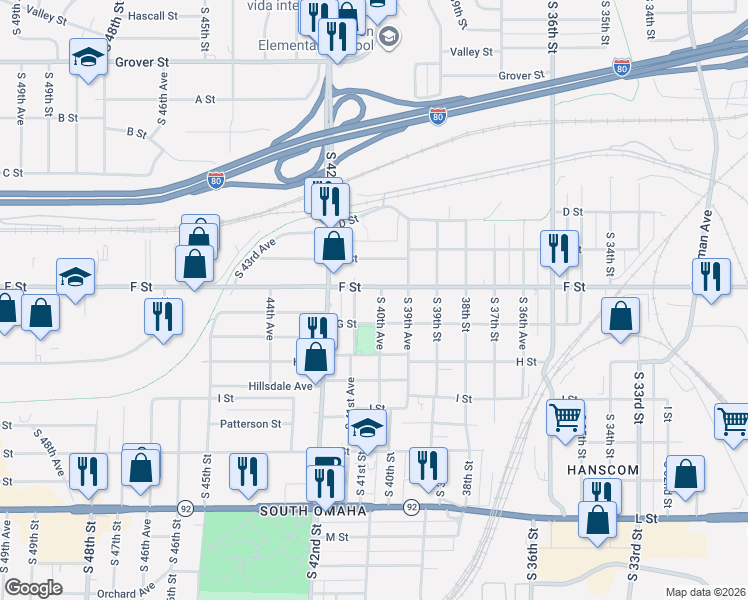 map of restaurants, bars, coffee shops, grocery stores, and more near 4066 F Street in Omaha