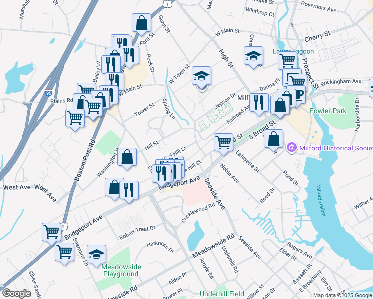 map of restaurants, bars, coffee shops, grocery stores, and more near 36 Pearl Hill Street in Milford