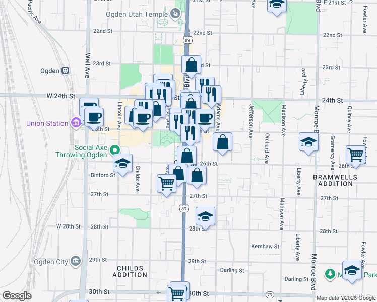 map of restaurants, bars, coffee shops, grocery stores, and more near in Ogden