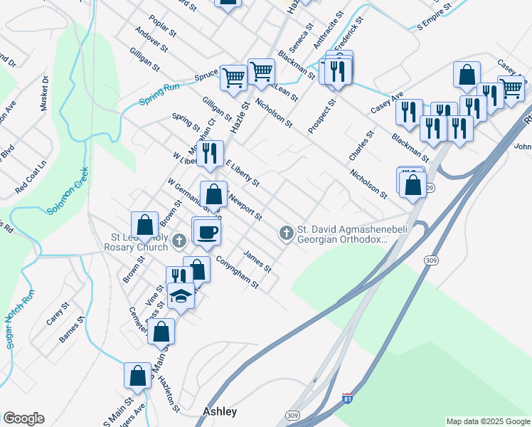 map of restaurants, bars, coffee shops, grocery stores, and more near 280 Ridge Street in Ashley