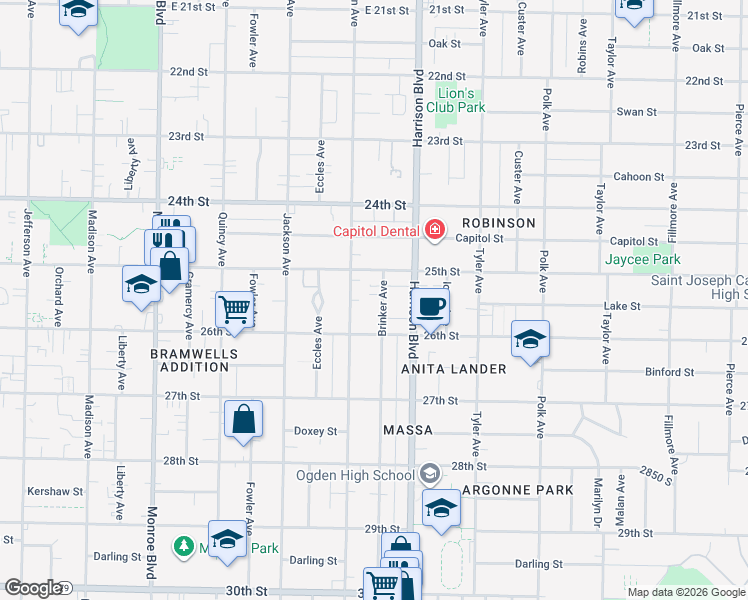 map of restaurants, bars, coffee shops, grocery stores, and more near 2541 Brinker Avenue in Ogden