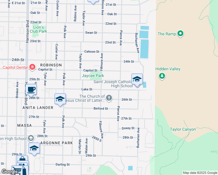 map of restaurants, bars, coffee shops, grocery stores, and more near 1649 East 2500 South in Ogden
