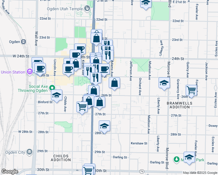 map of restaurants, bars, coffee shops, grocery stores, and more near 2526 Adams Avenue in Ogden
