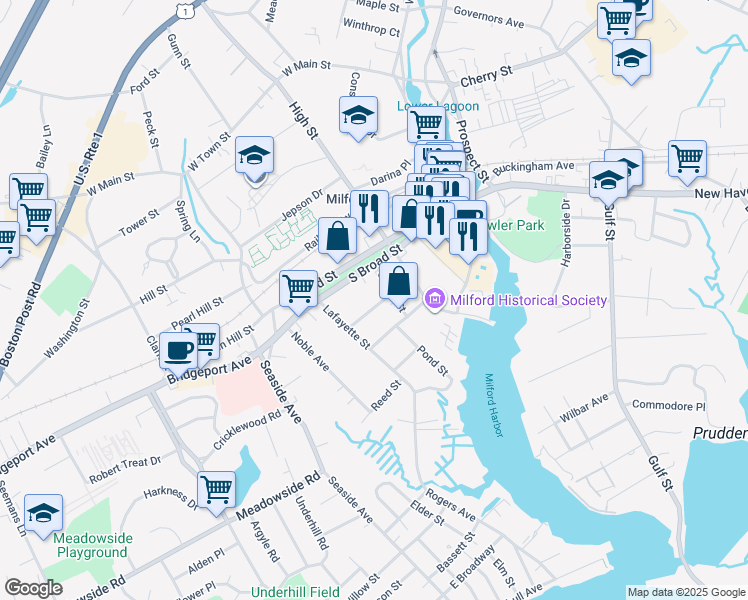 map of restaurants, bars, coffee shops, grocery stores, and more near in Milford