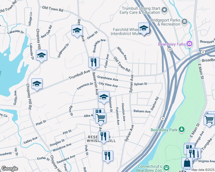 map of restaurants, bars, coffee shops, grocery stores, and more near 195 Grandview Avenue in Bridgeport