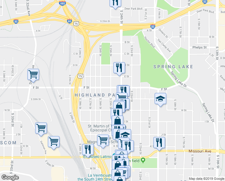 map of restaurants, bars, coffee shops, grocery stores, and more near 4034 South 25th Street in Omaha