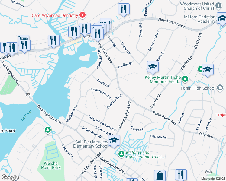 map of restaurants, bars, coffee shops, grocery stores, and more near 169 Pond Point Avenue in Milford