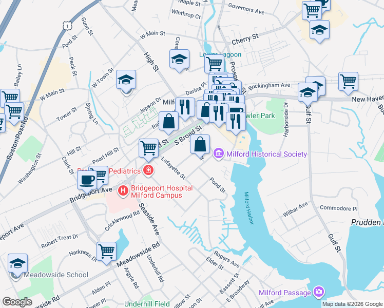 map of restaurants, bars, coffee shops, grocery stores, and more near 9 Center Street in Milford
