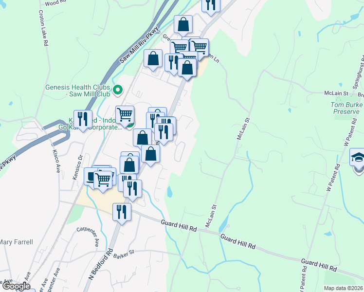 map of restaurants, bars, coffee shops, grocery stores, and more near 111 Foxwood Circle in Mount Kisco