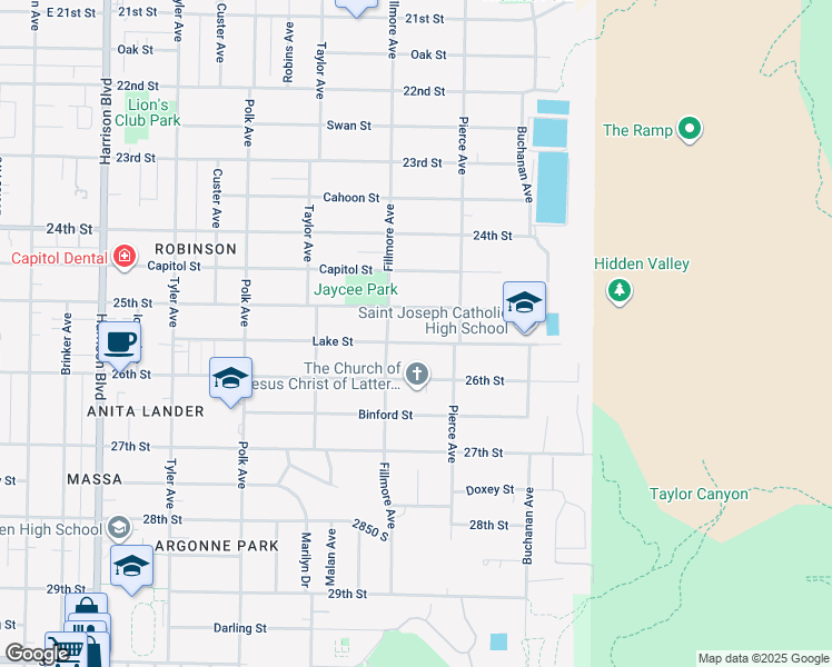 map of restaurants, bars, coffee shops, grocery stores, and more near 1649 East 2500 South in Ogden