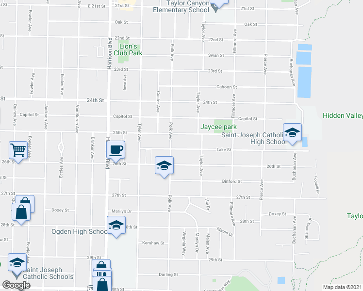 map of restaurants, bars, coffee shops, grocery stores, and more near 1430 Lake Street in Ogden