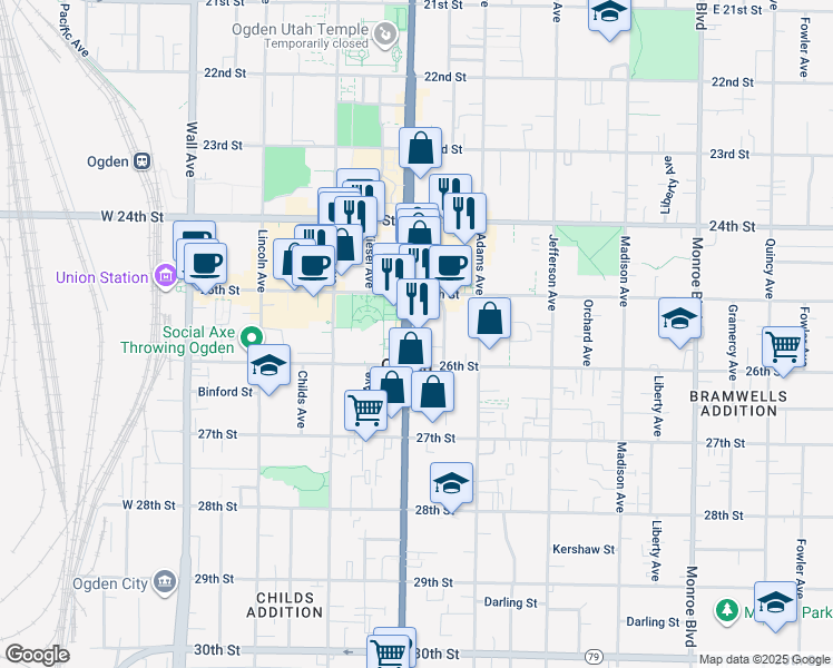 map of restaurants, bars, coffee shops, grocery stores, and more near in Ogden