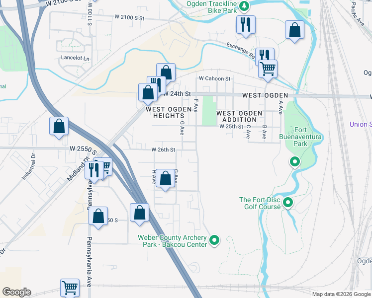 map of restaurants, bars, coffee shops, grocery stores, and more near 2549 F Avenue in Ogden
