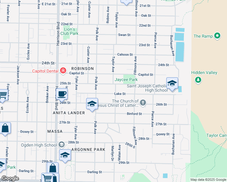 map of restaurants, bars, coffee shops, grocery stores, and more near 2537 Taylor Avenue in Ogden