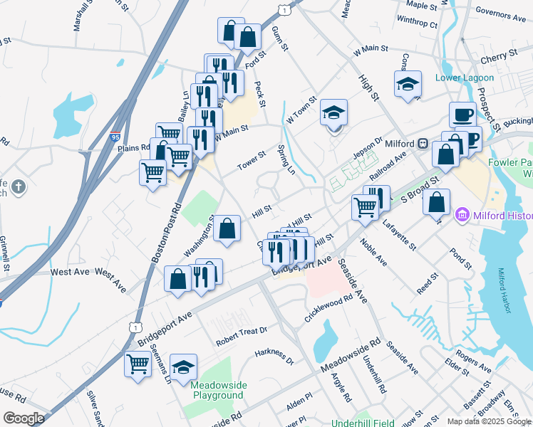 map of restaurants, bars, coffee shops, grocery stores, and more near 40 Victory Crescent in Milford