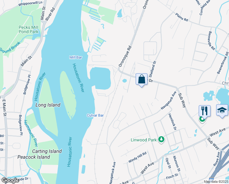 map of restaurants, bars, coffee shops, grocery stores, and more near 1235 Windward Road in Milford
