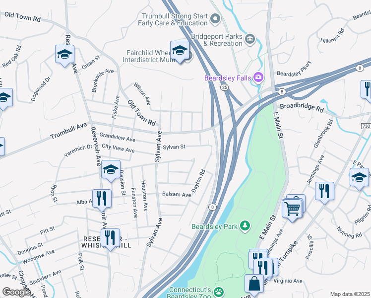 map of restaurants, bars, coffee shops, grocery stores, and more near 252 Sylvan Street in Bridgeport
