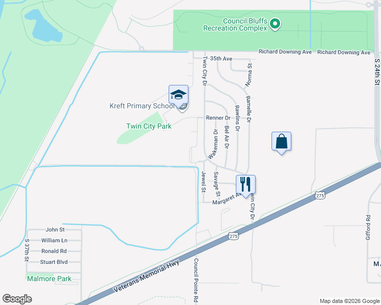 map of restaurants, bars, coffee shops, grocery stores, and more near 3201 Renner Drive in Council Bluffs