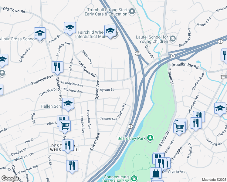 map of restaurants, bars, coffee shops, grocery stores, and more near 252 Sylvan Street in Bridgeport