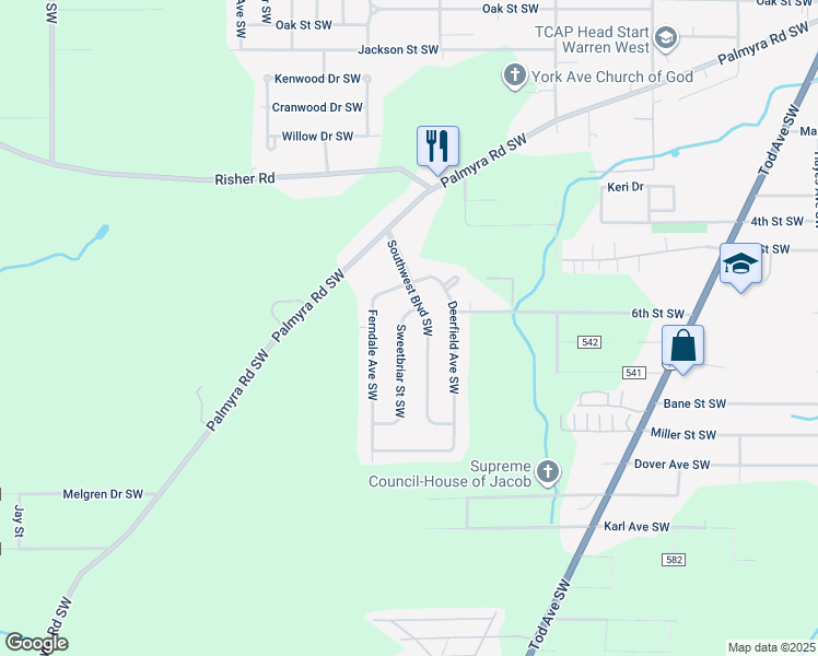 map of restaurants, bars, coffee shops, grocery stores, and more near 1669 Sweetbriar Street Southwest in Warren