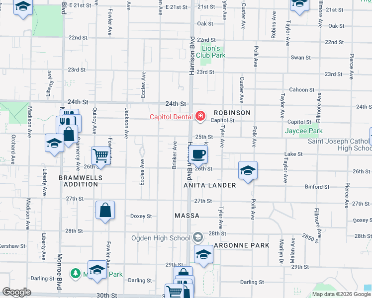 map of restaurants, bars, coffee shops, grocery stores, and more near 1203 25th Street in Ogden