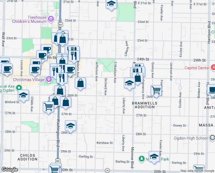 map of restaurants, bars, coffee shops, grocery stores, and more near 2540 Orchard Avenue in Ogden