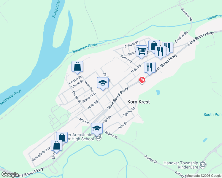 map of restaurants, bars, coffee shops, grocery stores, and more near 2 Zack St in Luzerne