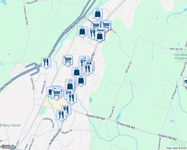 map of restaurants, bars, coffee shops, grocery stores, and more near Foxwood Circle in Mount Kisco