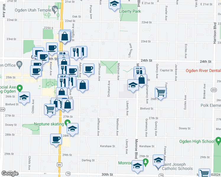 map of restaurants, bars, coffee shops, grocery stores, and more near 2540 Orchard Avenue in Ogden