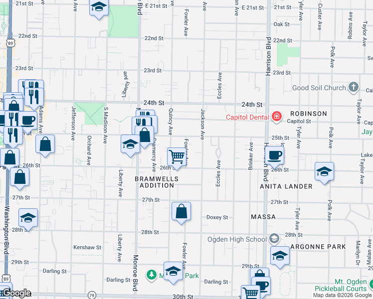 map of restaurants, bars, coffee shops, grocery stores, and more near 2106 South Fowler Avenue in Ogden